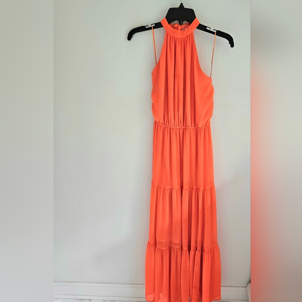 Pink Blush Orange Open Back Tiered Halter Maxi Dress